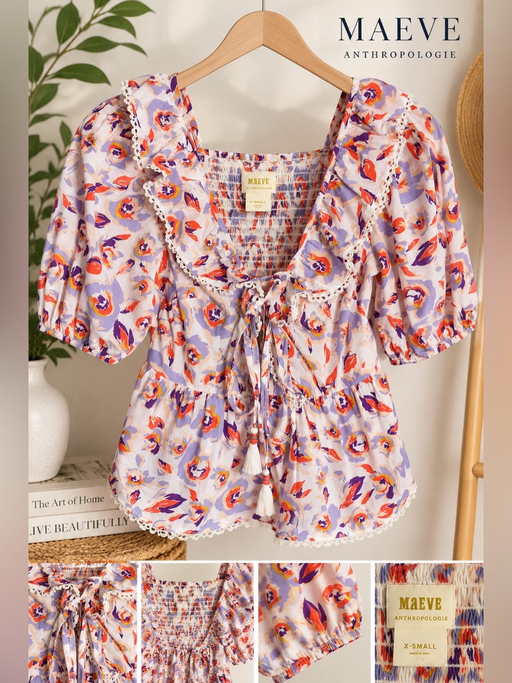 Maeve Lavender Floral Tie-Front Puff Sleeve Blouse with Red & Purple Accents XS